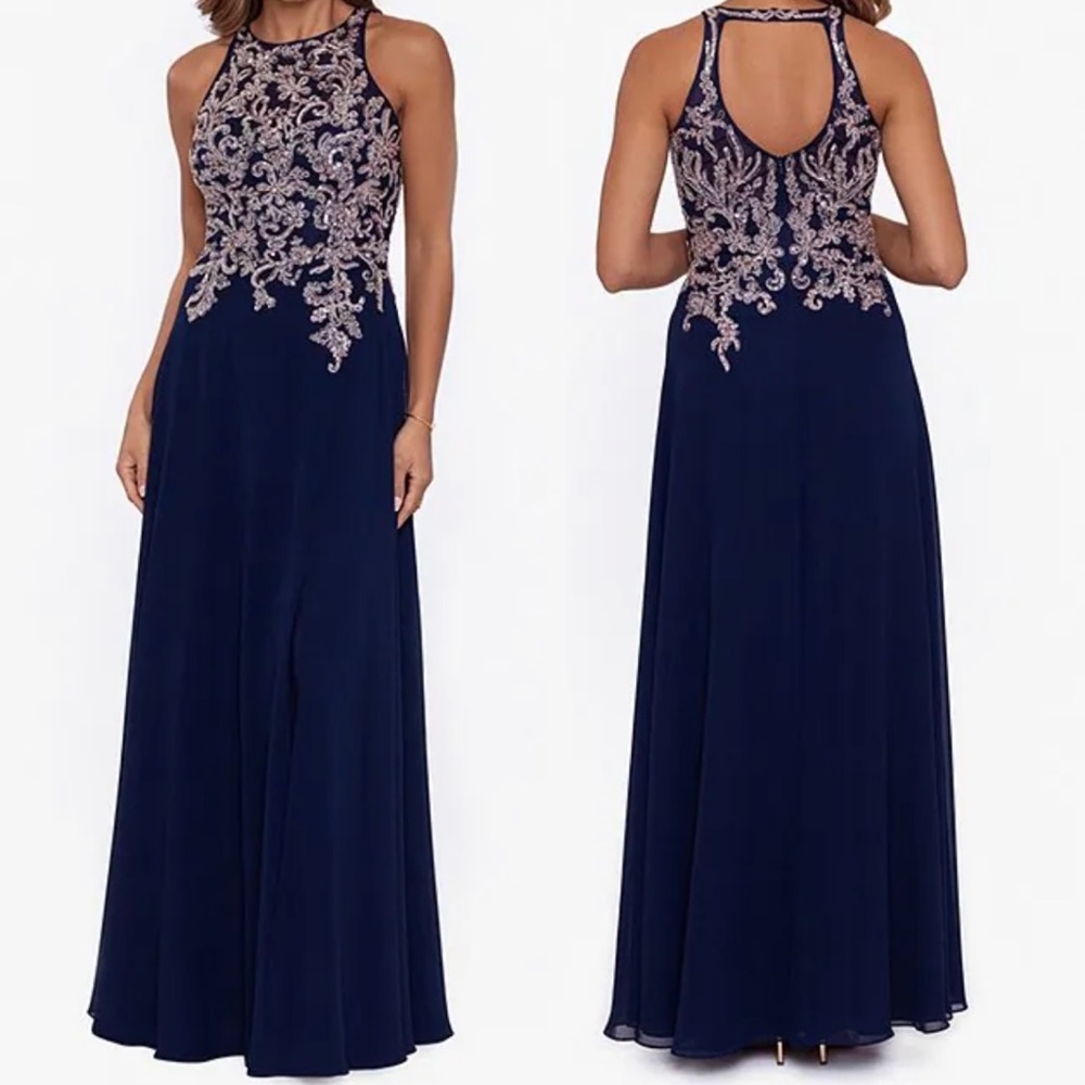 Betsy & Adam Rose Gold Halter Beaded Navy Chiffon Keyhole Back Sleeveless Gown